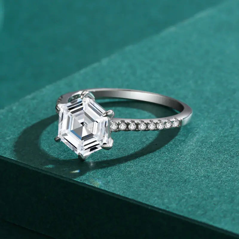 Korean Style S925 Silver Hexagon Simulated Diamond Ring