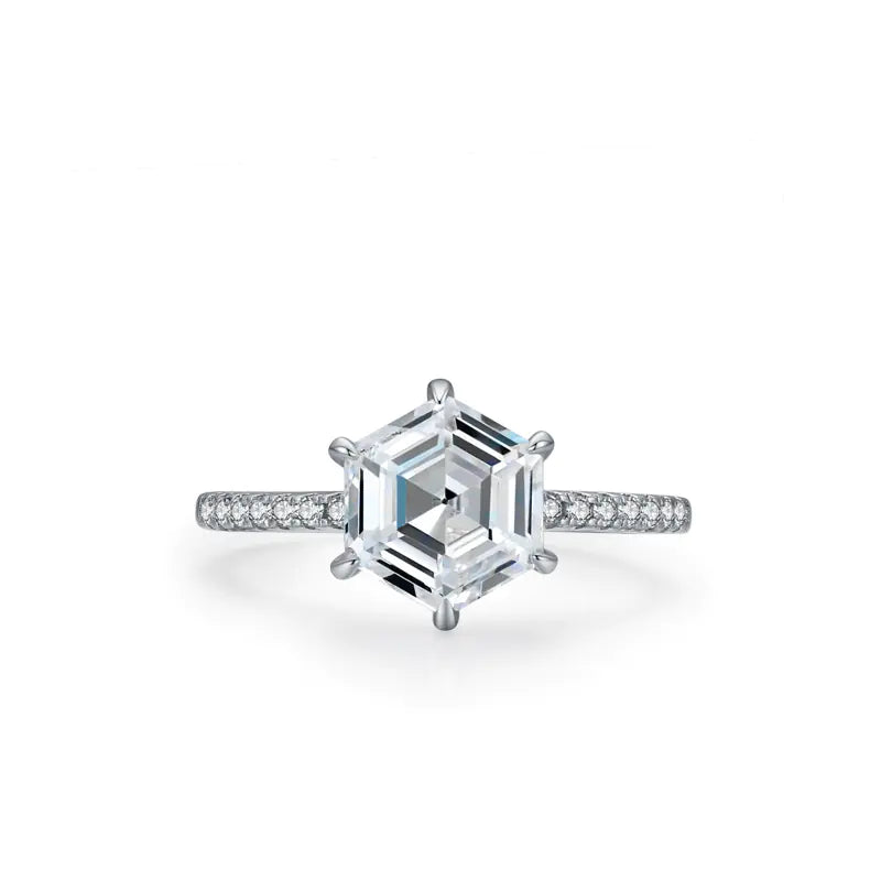 Korean Style S925 Silver Hexagon Simulated Diamond Ring