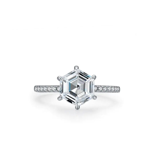 Korean Style S925 Silver Hexagon Simulated Diamond Ring