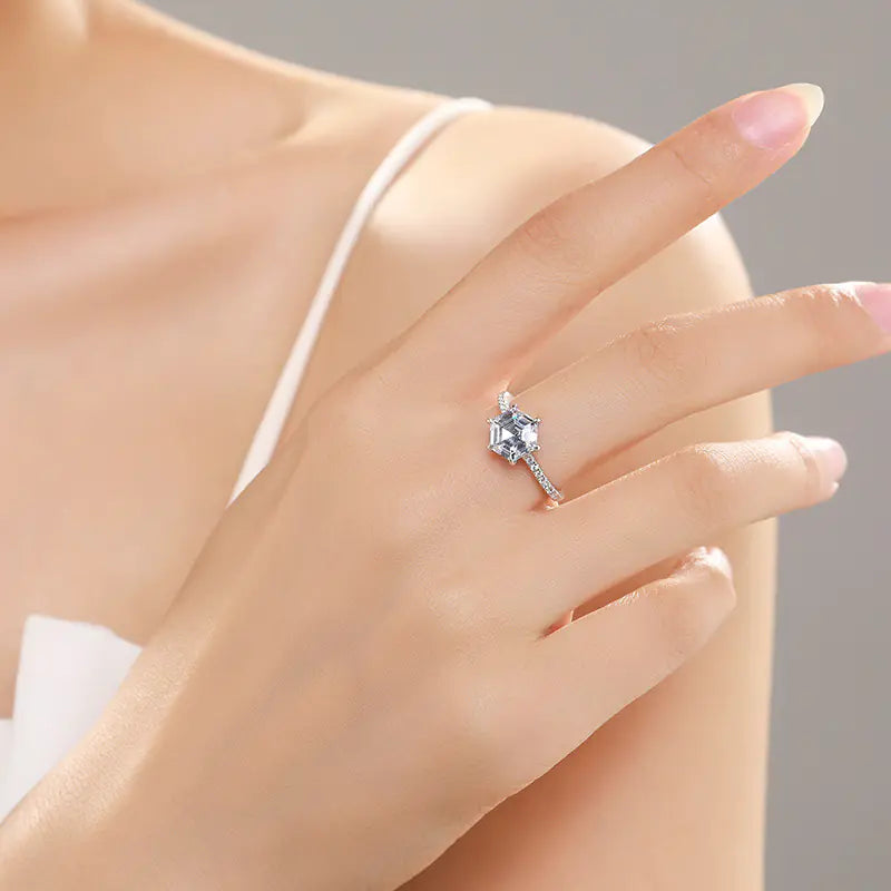Korean Style S925 Silver Hexagon Simulated Diamond Ring